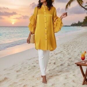 #A124  Nancy Resort Luxe Yellow Organza Shirt Dress Vacation Chic  NWT  L